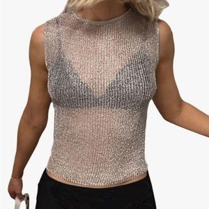Women Crochet Knit Sparkly Sleeveless Sheer Top
